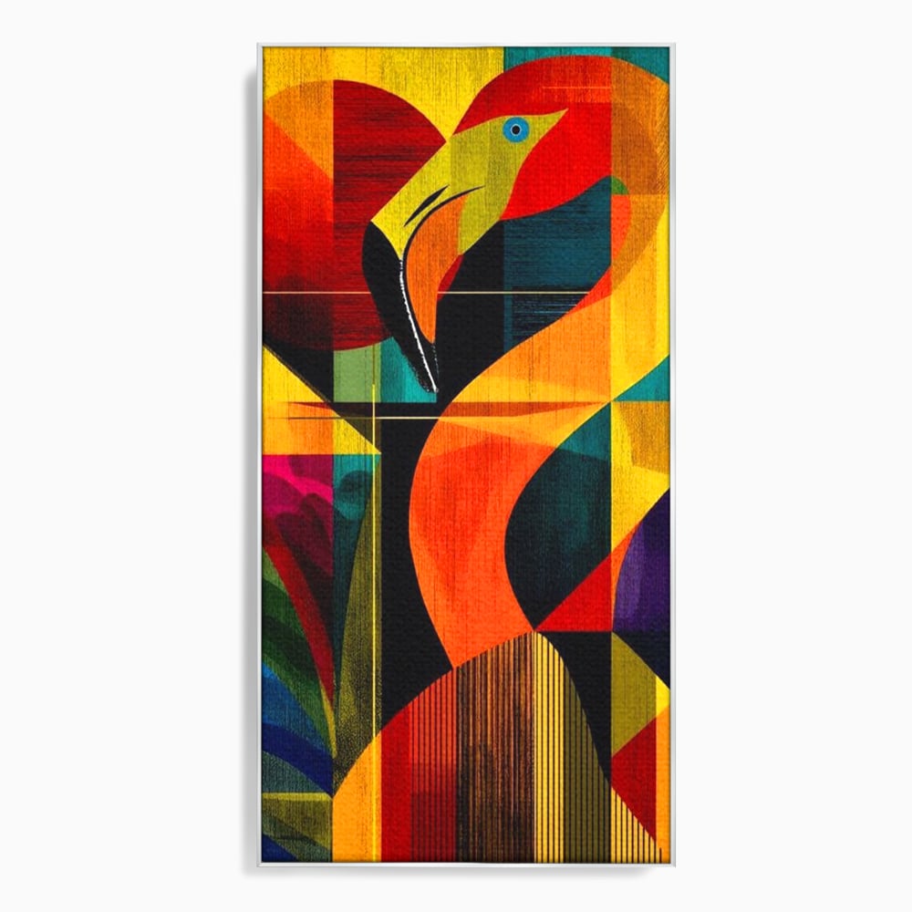 Tablou canvas cu tablou canvas cu flamingo geometric, in rama de aluminiu argintiu